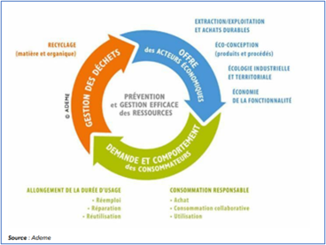 Schéma de l’économie circulaire : trois domaines d’application et sept piliers (ADEME)