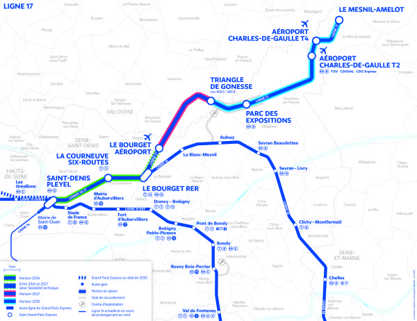 Plan et calendrier de mise en service de la ligne 17 du Grand Paris express. © SGP