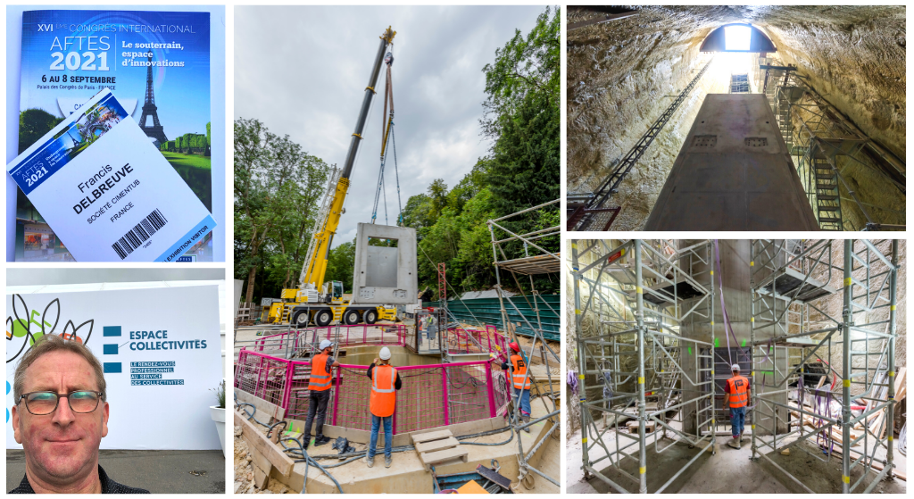 Montage photo Cimentub avec Francis Delbreuve chargé d'affaire Grand Paris, salon AFTES 2021, salon des collectivités 2021, ouvrages préfabriqués Cimentub génie civil pour cage d'ascenseur de Meudon